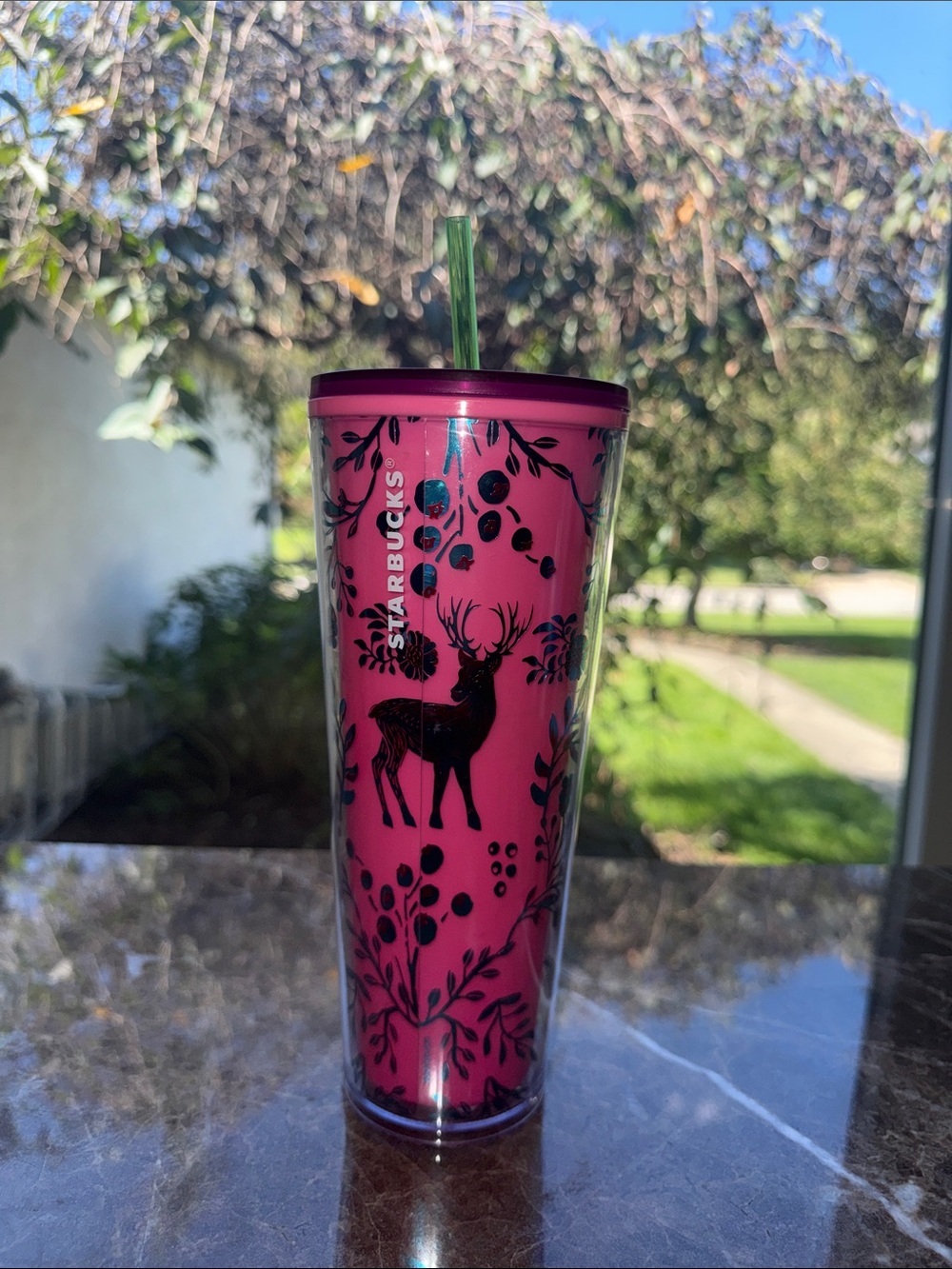 Starbucks Pink Tumbler with Black Deer and Botanical Motifs